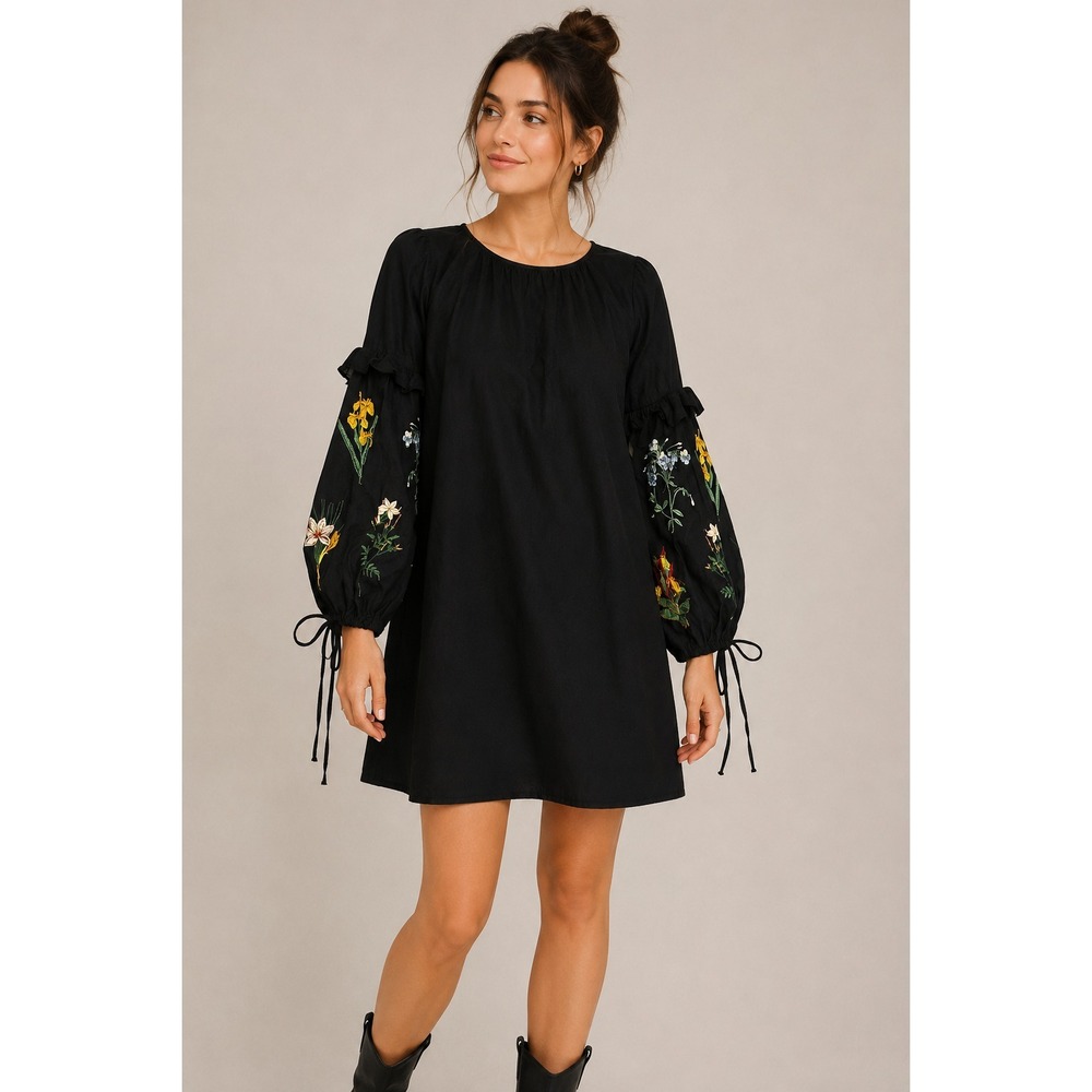 Zara Trafaluc Black Embroidered Floral Sleeve Dress Tunic Boho Size Small